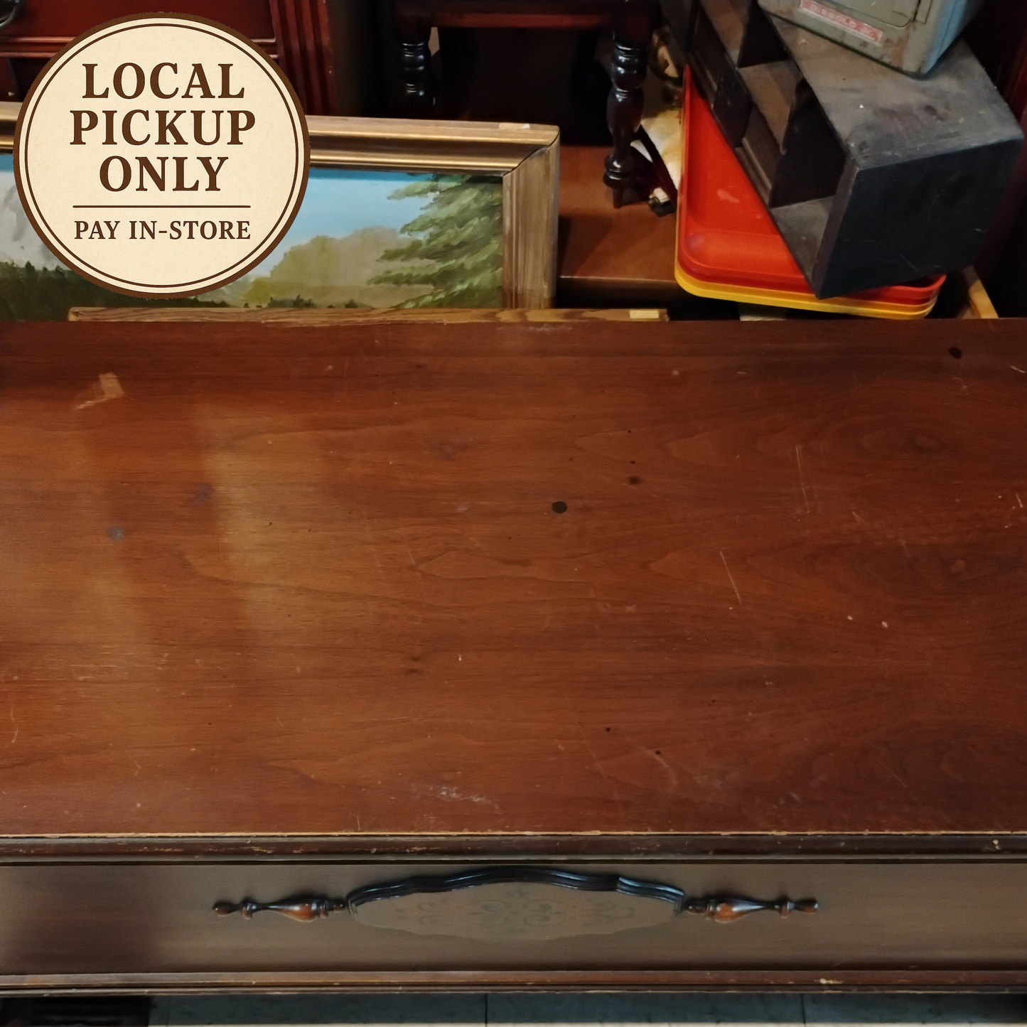 Vintage Lane cedar chest showing wood top with age-related scratches and wear, available for in-store pickup in Greencastle, Indiana.
