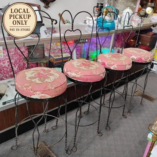 Vintage Ice Cream Parlor Stool Chairs – Set of 4 with Rose Cushion Design